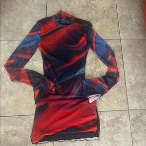 Edikted Vibrant Red and Blue Long Sleeve Dress